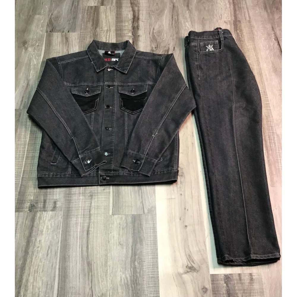 Red Ape Mens Black Denim Embroidered Jacket and Jeans 36x32 L Streetwear Hip Hop - Picture 2 of 16